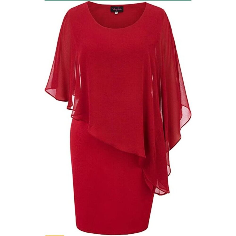 Hanna Nikole Womens Plus 20W Red Cape Dress Chiffon Overlay Bodycon Pencil NEW - Picture 6 of 7